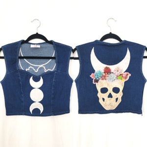 Skull Moon Denim Top M Tank Crop Jean Bustier Celestial Moon Succulent Flower Patchwork Witch Witchy Mystical image 9