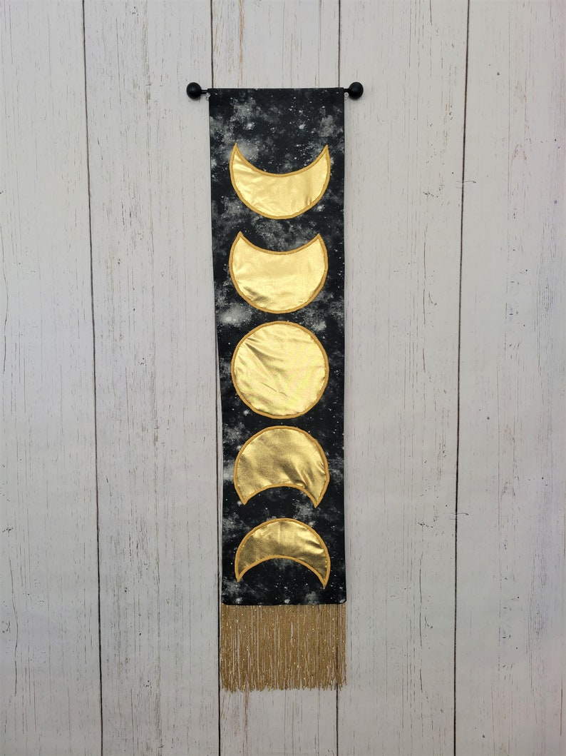 Tapestry Wall Hanging Moon Home Decor Lunar Phase Black & Gold, Metallic Wall Art Celestial Boho Hippie Witch New Age Tapestry image 7