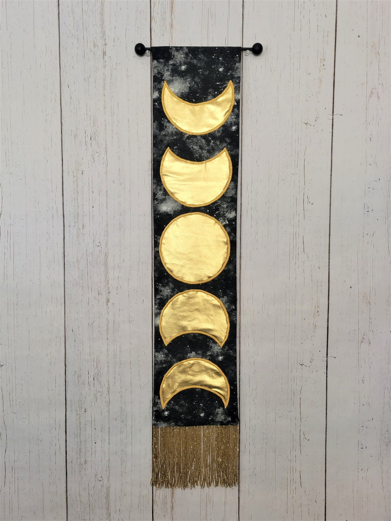 Tapestry Wall Hanging Moon Home Decor Lunar Phase Black & Gold, Metallic Wall Art Celestial Boho Hippie Witch New Age Tapestry image 3