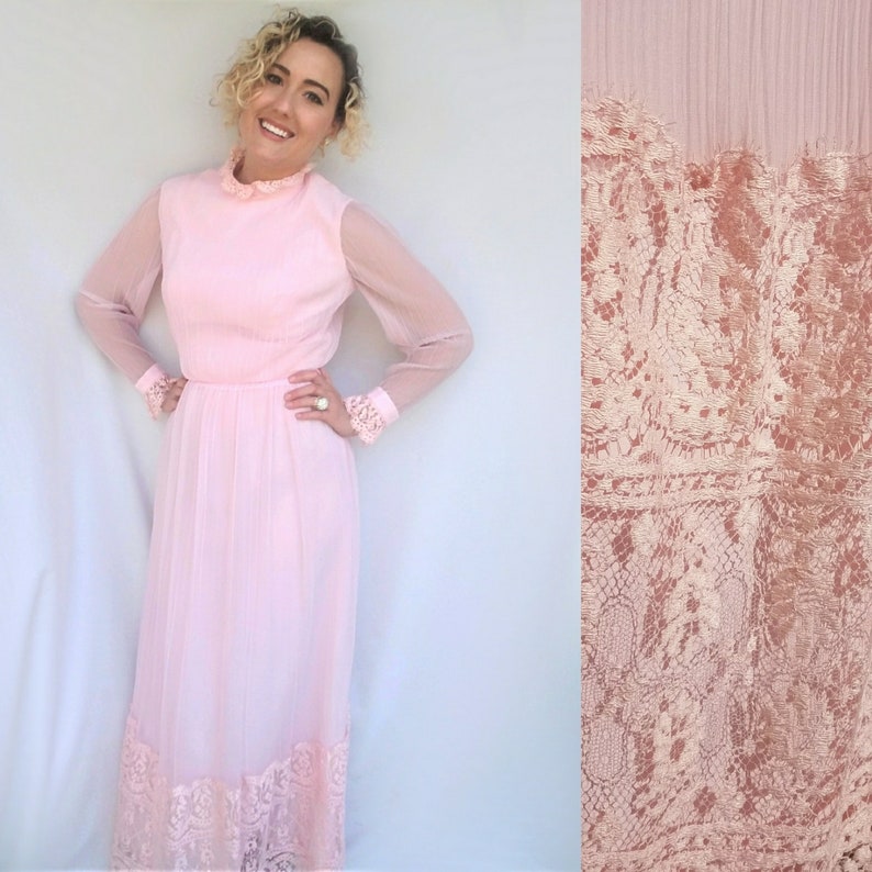 Vintage Pink Lace Maxi Dress Prom Bridal Formal Full Length Image 0