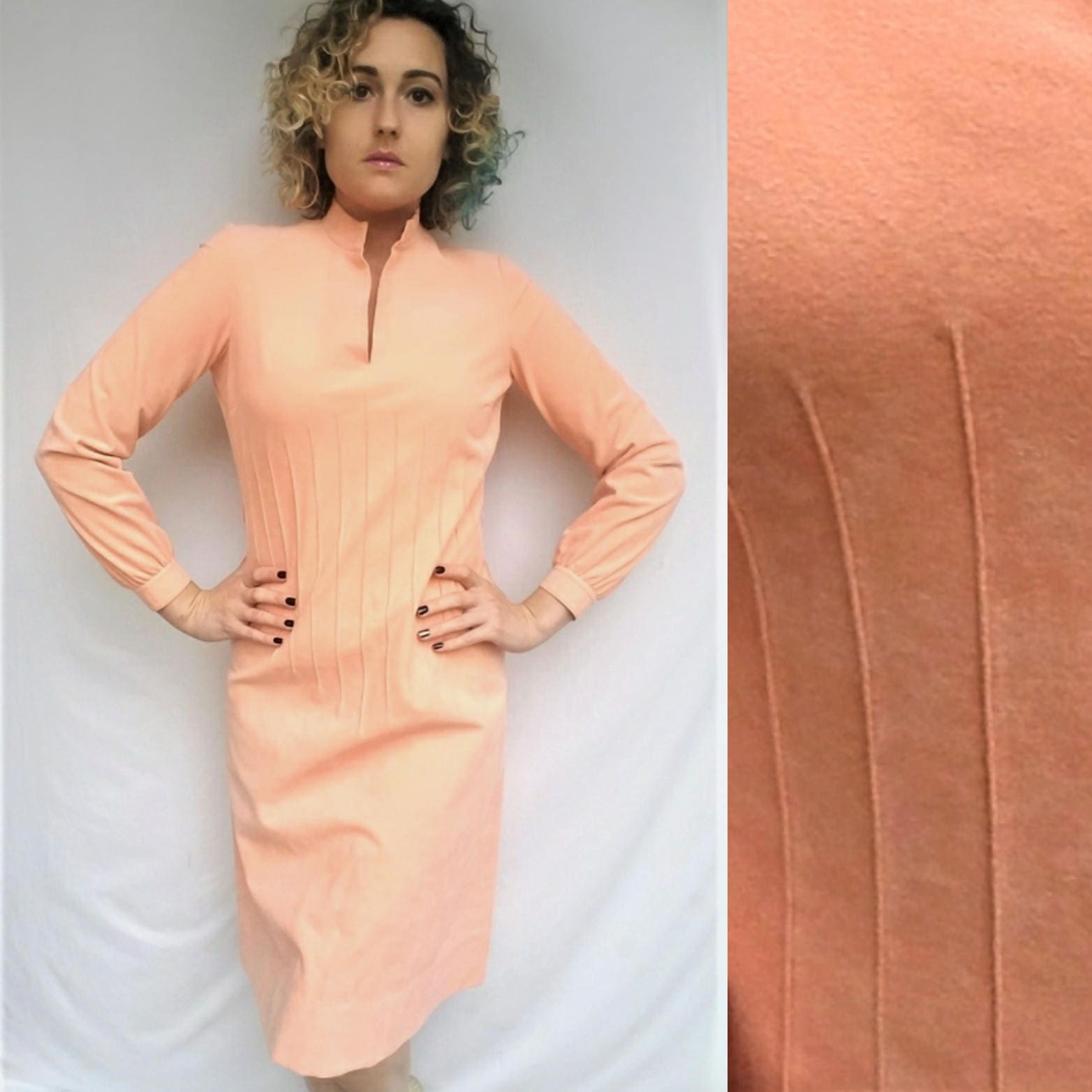 Peach 70s Dress | Vintage Ultra Suede Shirtdress | Long Sleeve Mod Fitted Pencil Skirt | Spring Boho Salmon Pink Romantic Midi Daydress