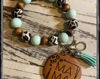 Mama wristlet, mama svg, cheetah wristlet, mama keychain, beaded wristlet, leopard beads