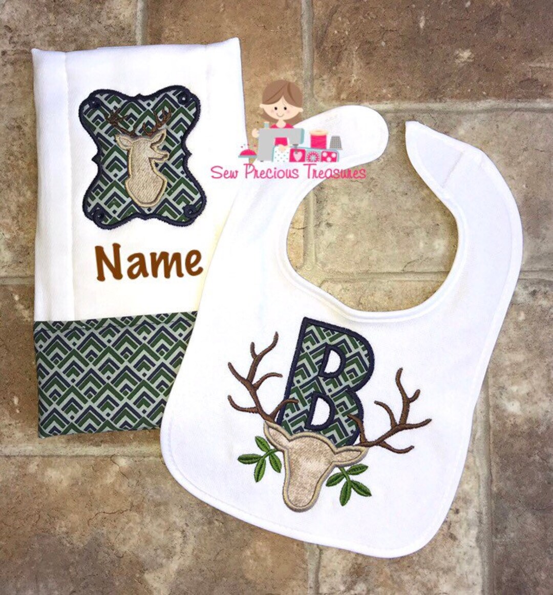Deer Bib and Burp Clothhuntingwoodlandforestanimalpersonalizedmonogrammedembroidered