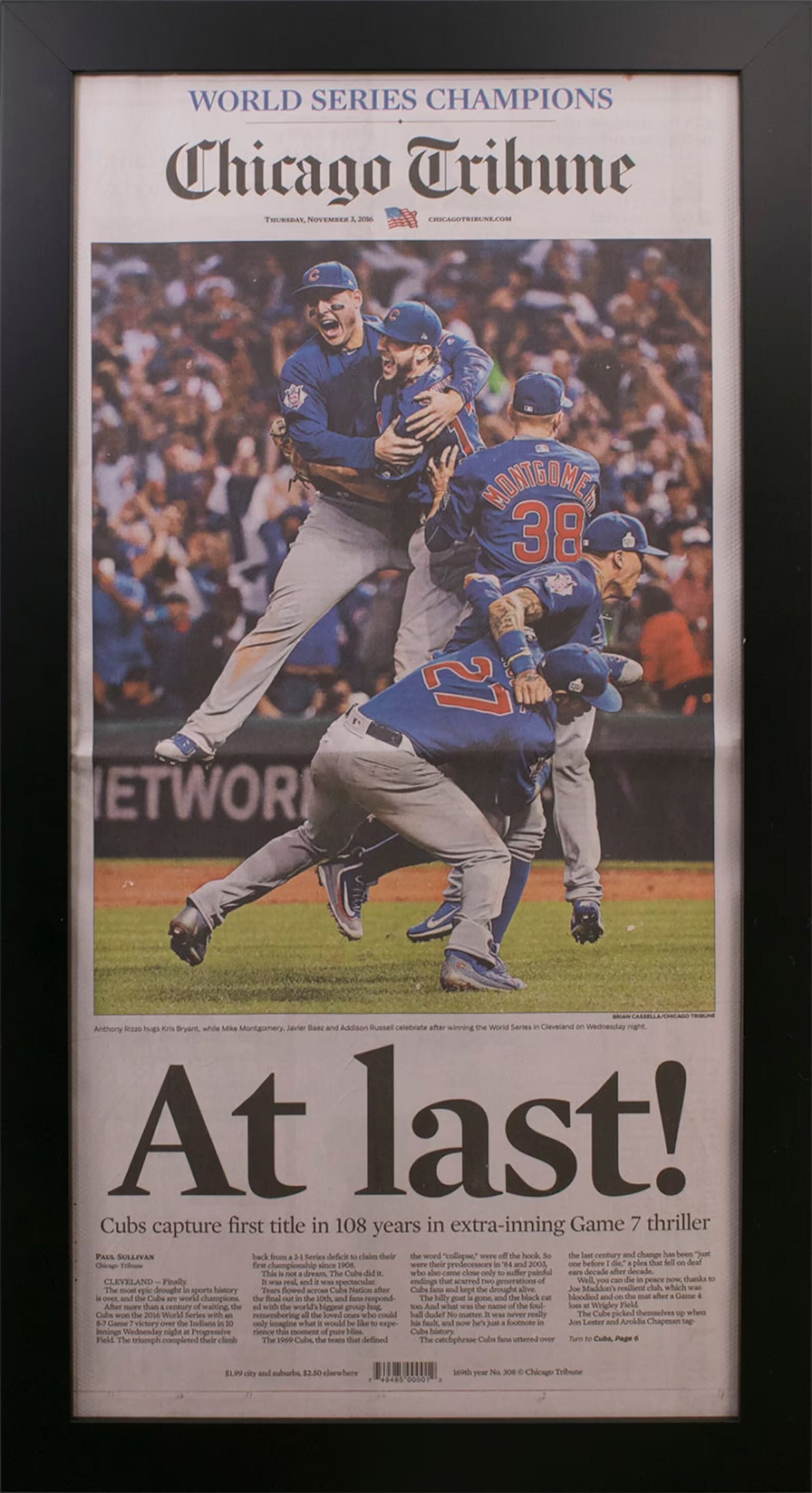 Framed Chicago Tribune Cubs World Series 2016 Newspaper 