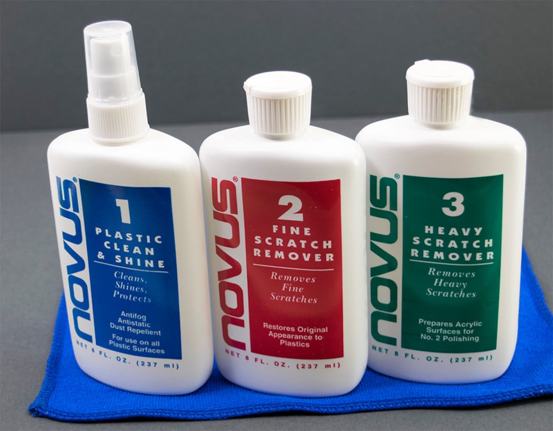 Novus Plastic 1, 2 and 3 Clean and Shine and Scratch Remover Kit 8 Ounce  Squeeze Bottles With Microfiber Cleaning Cloth 