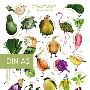 Gemüsevögel Poster DIN A2 (Design No. 2), Recyclingpapier, bio-vegan, klimaneutral