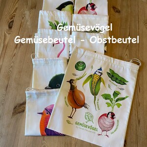 Gemüsevögel Gemüsebeutel/Obstbeutel aus Bio Baumwolle, 28x32 cm, mit Kordelzug Bild 1