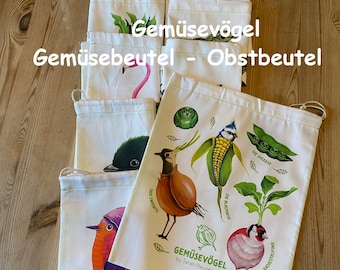 Vegetable Birds Vegetable Bag/Fruit Bag made of organic cotton, 28 x 32 cm, with drawstring