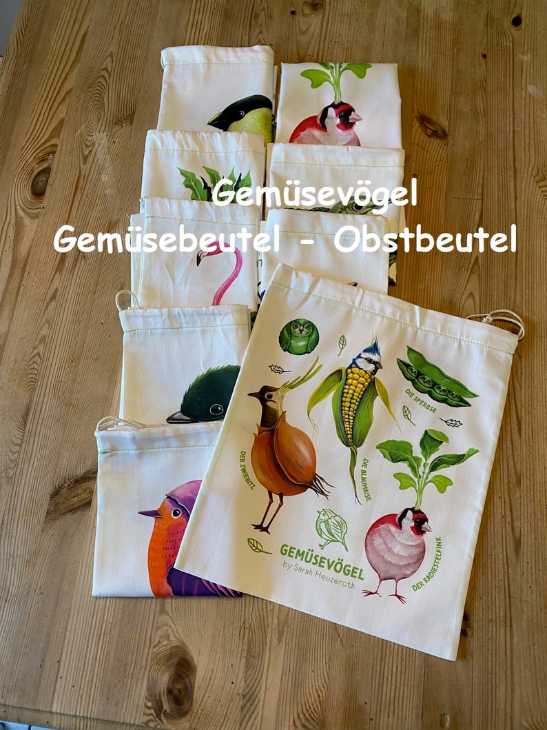 Gemüsevögel Gemüsebeutel/Obstbeutel aus Bio Baumwolle, 28x32 cm, mit Kordelzug Bild 1