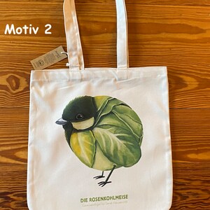 Gemüsevögel Tragetasche, Jutebeutel, Tote Bag, Einkaufstasche, Bio Baumwolle 2 - Rosenkohlmeise