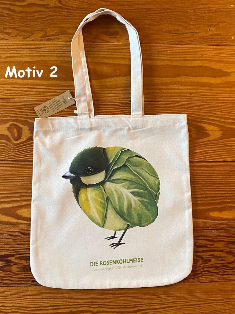 Gemüsevögel Tragetasche, Jutebeutel, Tote Bag, Einkaufstasche, Bio Baumwolle 2 - Rosenkohlmeise