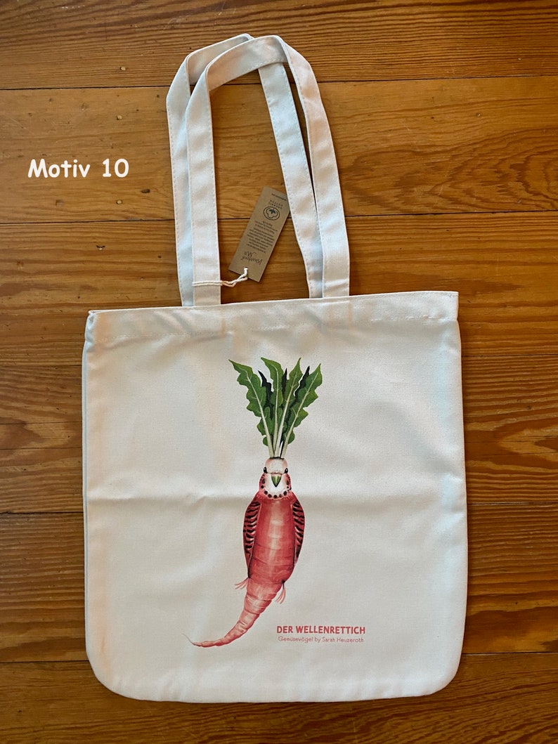 Gemüsevögel Tragetasche, Jutebeutel, Tote Bag, Einkaufstasche, Bio Baumwolle 10 - Wellenrettich