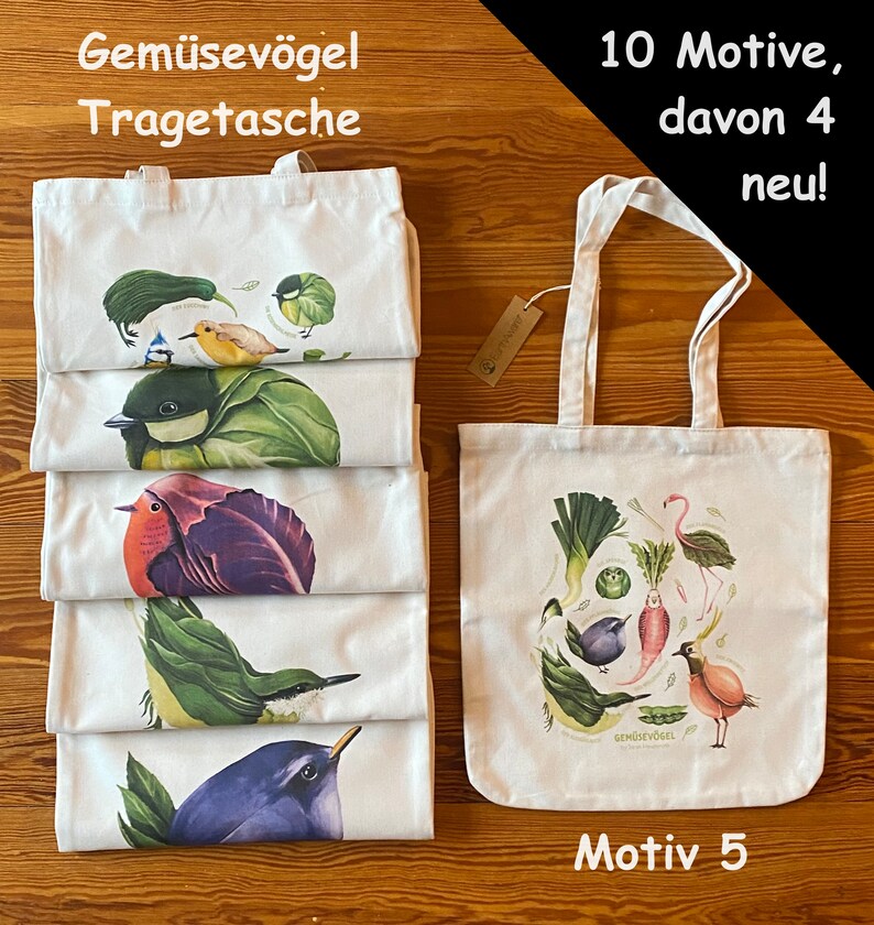 Gemüsevögel Tragetasche, Jutebeutel, Tote Bag, Einkaufstasche, Bio Baumwolle Bild 1