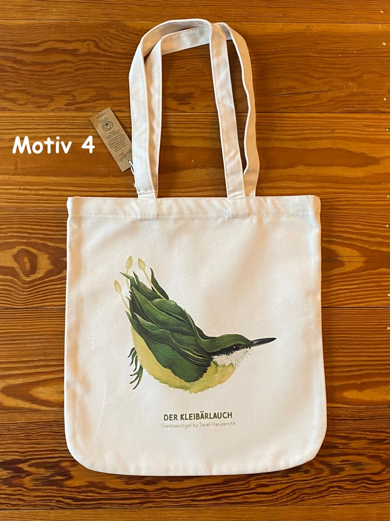 Gemüsevögel Tragetasche, Jutebeutel, Tote Bag, Einkaufstasche, Bio Baumwolle 4 - Kleibärlauch