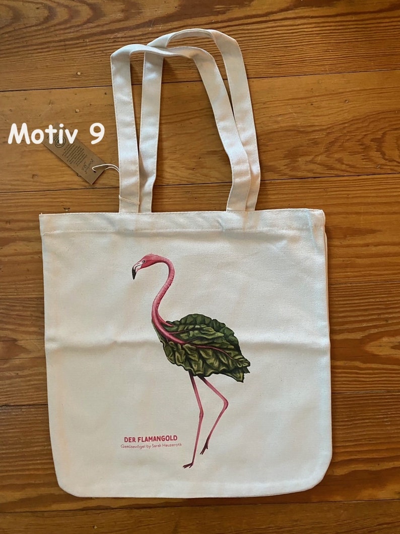 Gemüsevögel Tragetasche, Jutebeutel, Tote Bag, Einkaufstasche, Bio Baumwolle 9 - Flamangold