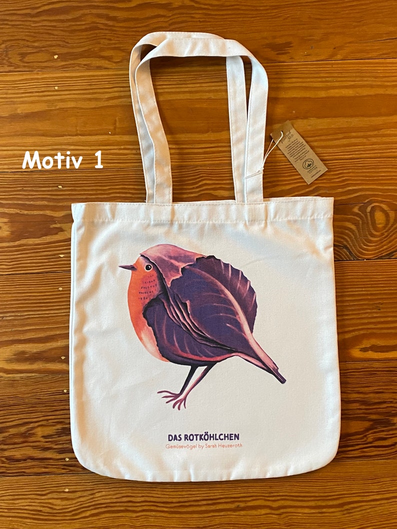 Gemüsevögel Tragetasche, Jutebeutel, Tote Bag, Einkaufstasche, Bio Baumwolle 1 - Rotköhlchen