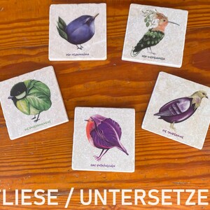 Tile, coasters made of natural stone - 'Veggiebirds'