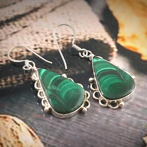 Natural Malachite Gemstone 925 Silver Earrings, Handmade Designer Earrings, Dainty Silver Earring, Green Malachite Earring,  Gift Earring