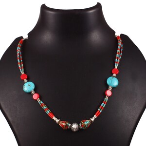 Antique Turquoise Gemstone Tibetan Silver Necklace, Red Coral Nepalese Necklace, Vintage Handmade Necklace, Tibetan Necklace Jewelry, 18 inc