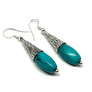 Ethnic Turquoise Gemstone Silver Earrings, 925 Sterling Silver Earrings, Handmade Drop Earrings, Antique Turquoise Earrings, Jewelry for Her