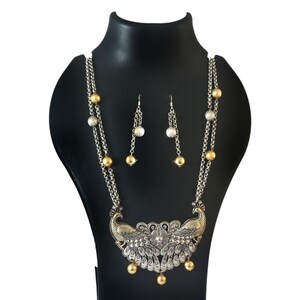 Mooie tweekleurige verzilverde lange ketting oorbellen set, geoxideerde ketting, statementketting, tweekleurige ketting, tweekleurige sieraden,