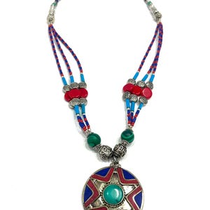 Ethnic Lapis Lazuli Tibetan Gemstone Necklace, Handmade Red Coral Women Necklace, Nepalese Statement Necklace, Tibetan Necklace Jewelry, 18&quot;