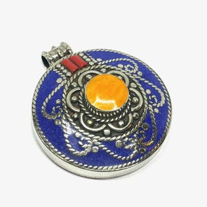 Antique Tibetan Lapis Lazuli Handmade Pendants, Amber Tibetan Pendants, Bohomein Silver Pendants, Gift Pendants, Tibetan Jewelry, 2.0 inch