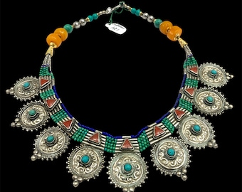 Antique Tibetan Style Handmade Necklace, Nepalese Handcrafted Necklace, Tibetan Silver Necklace, Turquoise Necklace, Gift Necklace, 16 inc
