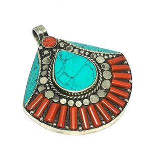 Tibetan Turquoise, Coral Stone Handmade Pendant, Antique Boho Pendant, Turquoise Pendant, Nepalese Tribal Pendant, Tibetan Jewelry, 2.7 in