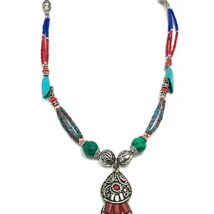 Tibetan Antique Necklace, Nepalese Turquoise Gemstone Beaded Necklace, Tibetan Handmade Vintage Necklace, Women Tribal Necklace, 18 inc