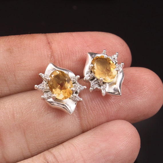 Boucles D'oreilles Puces En Argent 925 Avec Citrines Naturelles Et Zircons - Neuf Jamais Porté