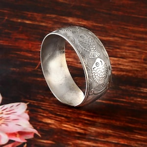 Handmade Silver Plated Cuff Bracelet, Oxidized Fish Design, Adjustable Bangle