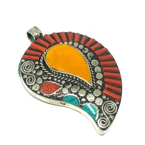 Tibetan Antique Handcrafted Silver Pendant, Red Coral Silver Pendant, Ethnic Boho Pendant, Amber Pendant, Tibetan Gift Jewelry, 2.8 inch