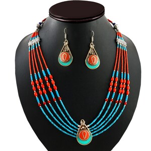 Ethnic Coral, Turquoise Stone Tibeten 925 Silver Necklace, Handmade Necklace Earring Set, Coral Necklace, Tibeten Necklace, Tibetan Jewelry