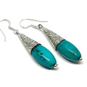 Antique Turquoise Gemstone 925 Sterling Silver Earrings, Handmade Drop Earrings, Dainty Silver Earring, Jewelry for Her, Women Jewelry, 2.0&quot;