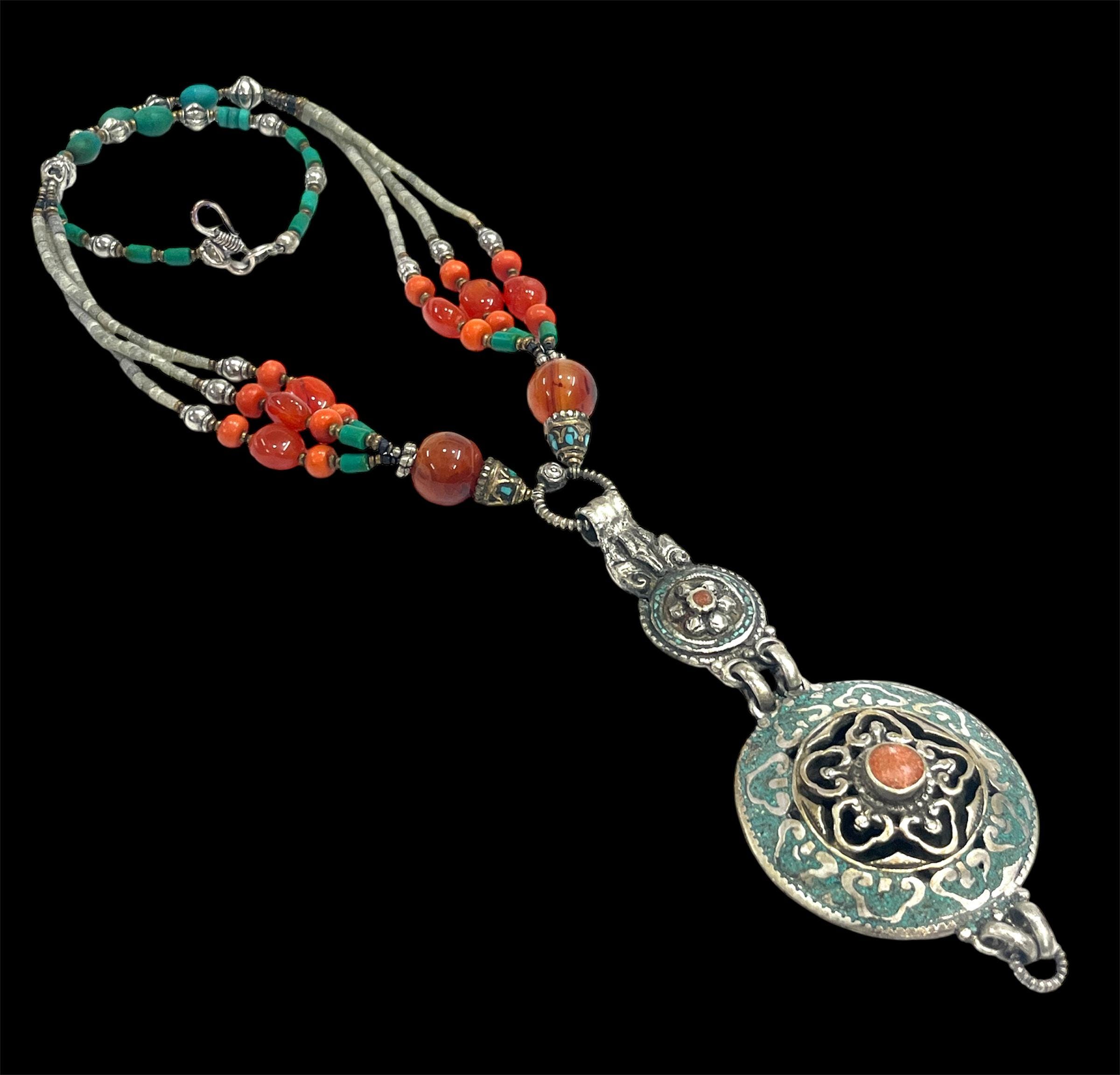 ヴィンテージチベットシルバーネックレス、エスニックハンドメイド