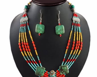 Unique Turquoise, Coral Stone Tibetan Silver Necklace Earring Set, Handmade Necklace, Tibetan Necklace, Tibetan Jewelry, Gift Necklace, 18in