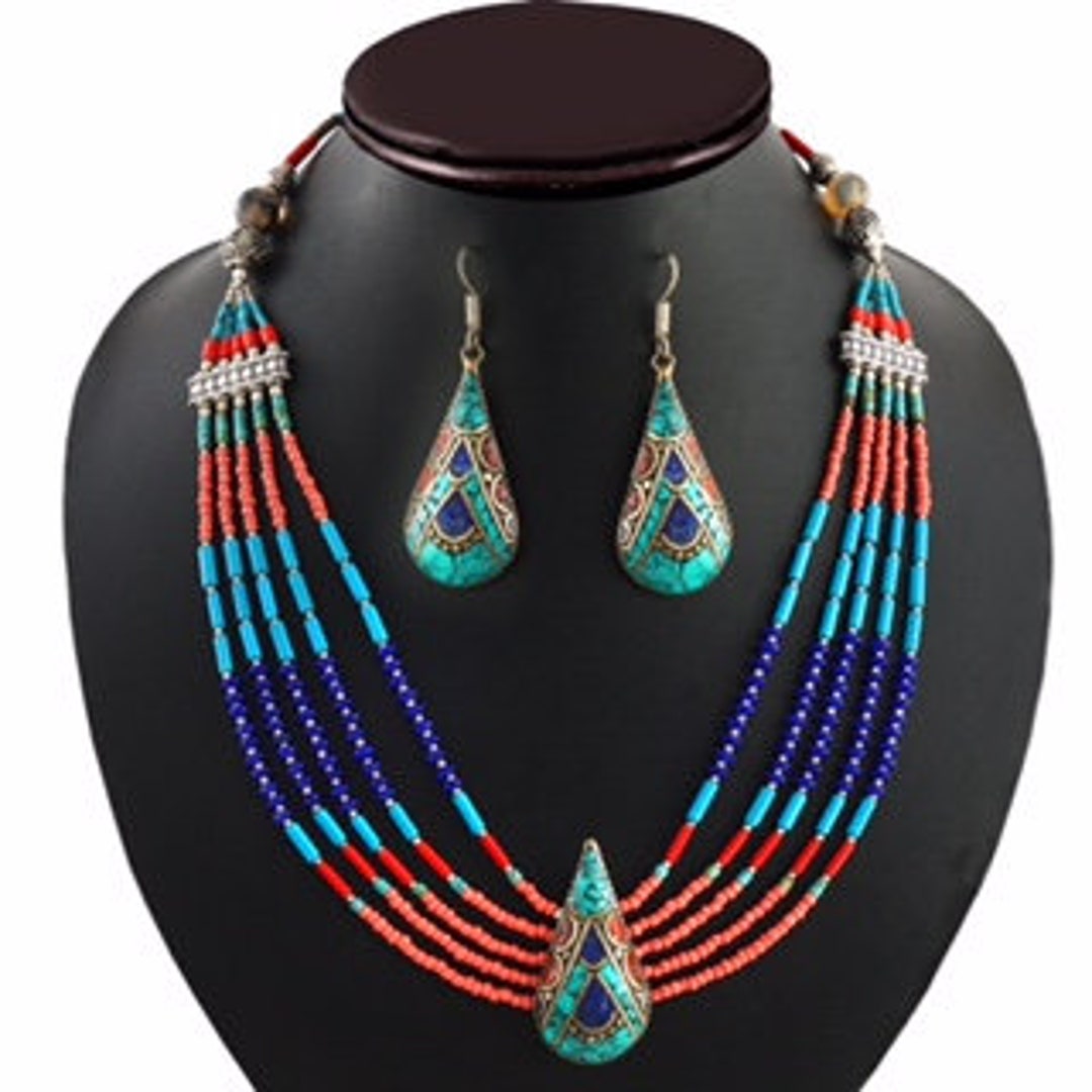 Collier Ethnique Népalais Artisanal En Corail Rouge Et Turquoise Tibétain - 18 Pouces - Bijou Fait Main