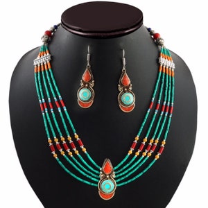 Antique Turquoise, Coral Stone 925 Silver Necklace Earring Set, Tibetan Necklace, Tibetan Jewelry, Turquoise Jewelry, 18 inch Adjust
