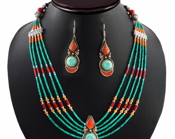 Antique Turquoise, Coral Stone 925 Silver Necklace Earring Set, Tibetan Necklace, Tibetan Jewelry, Turquoise Jewelry, 18 inch Adjust