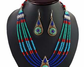 Vintage Lapis, Turquoise, Coral Tibetan Style Handmade Necklace, Statement Necklace, Tibetan Necklace Jewelry, Gift Necklace, 18 inch Adjust