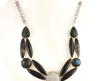 Natürliche Labradorit Halskette, Perlenkette, Edelstein Silberkette, 925 Sterling Silber Halskette, Hochzeitsgeschenk, Geburtstagsgeschenk