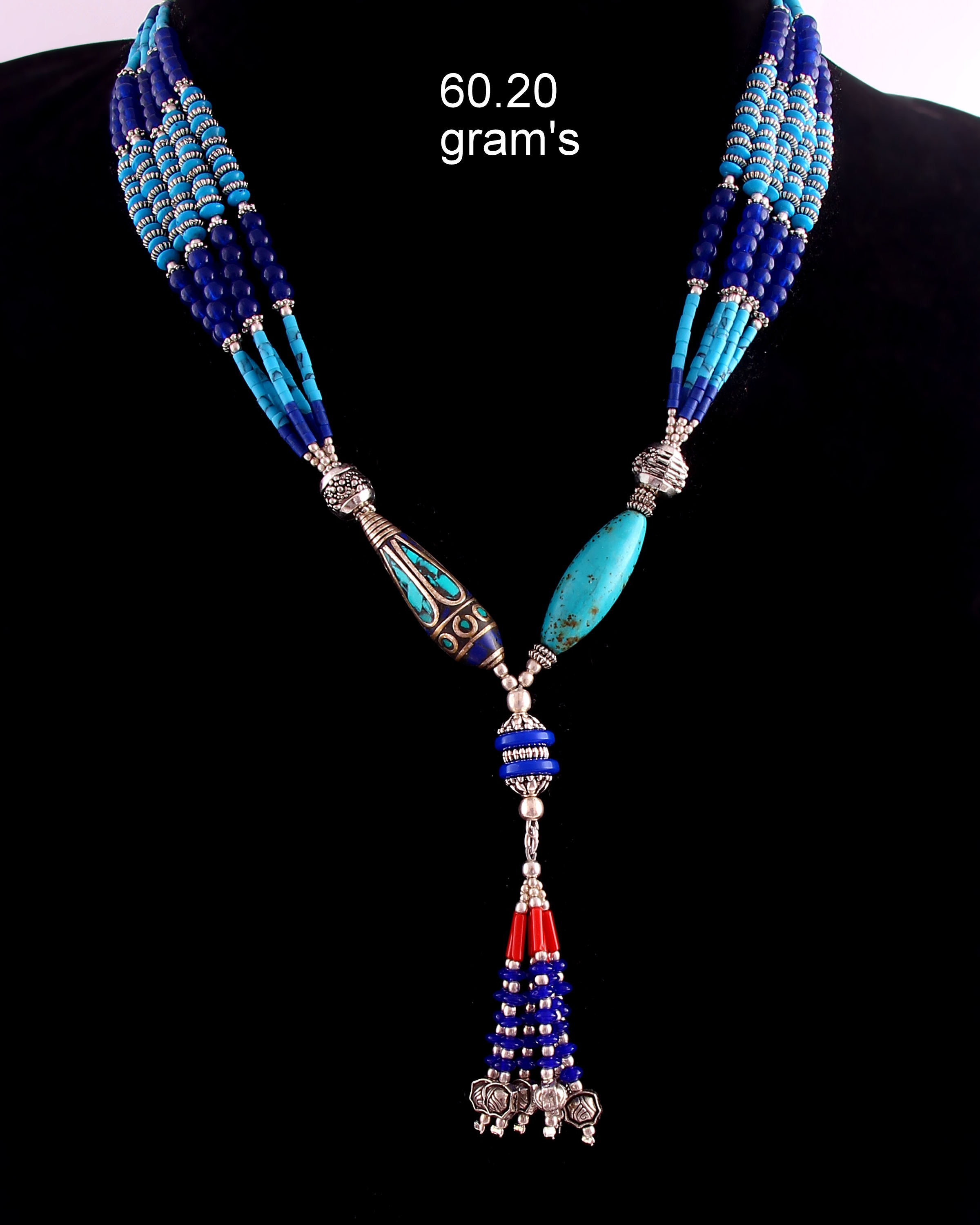 Antique Lapis, Turquoise Tibetan Necklace, Handmade Silver Necklace, Statement Necklace, Tibetan Jewelry, Jewelry for Women, Free Shipping