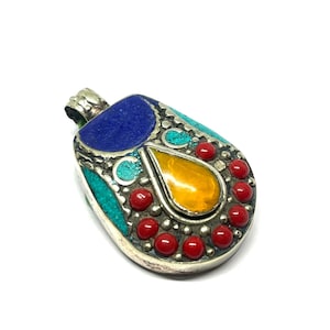 Stunning Turquoise, Coral, Lapis Handmade Pendant, Tibetan Turquoise Silver Pendant, Ethnic Tibetan Pendants, Gift Pendants, 1.5 inch