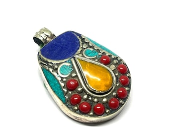 Stunning Turquoise, Coral, Lapis Handmade Pendant, Tibetan Turquoise Silver Pendant, Ethnic Tibetan Pendants, Gift Pendants, 1.5 inch