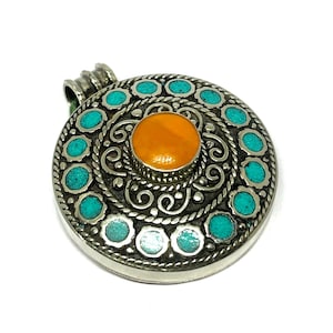 Ethnic Tibetan Turquoise, Amber Pendant, Handmade Antique Silver Pendant, Nepalese Pendant, Turquoise Jewelry, Tibetan Pendant, 2.0 inch