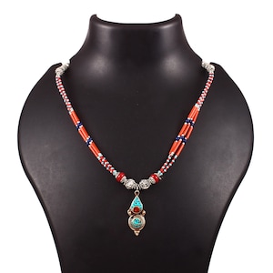 Antique Turquoise Coral Gemstone Tibetan Necklace Jewelry, Vintage Tibetan Silver Necklace, Handmade Designer Necklace, Coral Necklace, 18&quot;