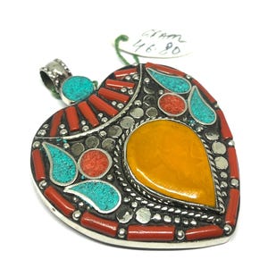 Vintage Nepalese Pendant Jewelry, Antique Silver Handmade Pendant, Tibetan Turquoise Pendant, Handcrafted Amber Pendant, Personalized Gifts