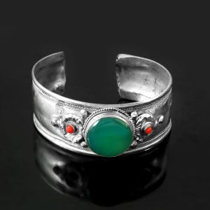 Natural Jade Gemstone Handmade Antique Cuff Bracelet, Silver Cuff Bracelet, Vintage Boho Cuff Bracelet, Women Silver Cuff Jewelry, 2.5 Adjus
