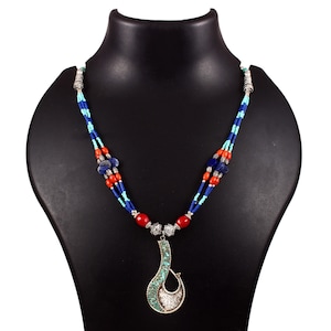 Ethnic Tibetan Turquoise Gemstone Silver Necklace, Red Coral Nepalese Tribal Necklace, Handmade Nepali Women Necklace, Party Wear Necklace